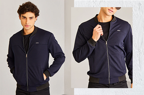 Navy Solid 4-Way Stretch Bomber Jacket