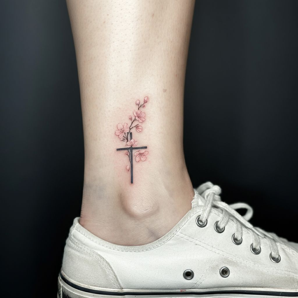 Cross with Flowers Tattoo on ankle