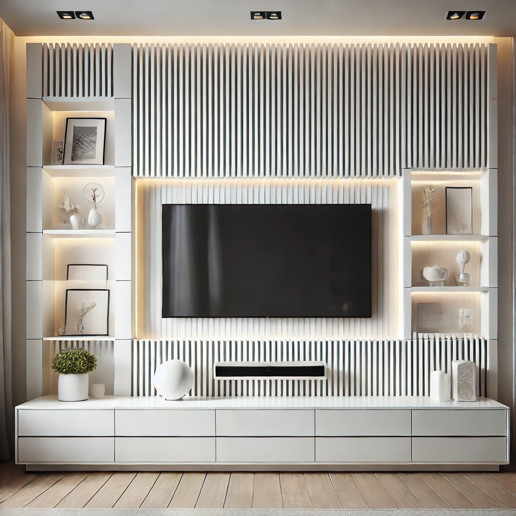 painel ripado utilizado para compor estante e painel de TV.
