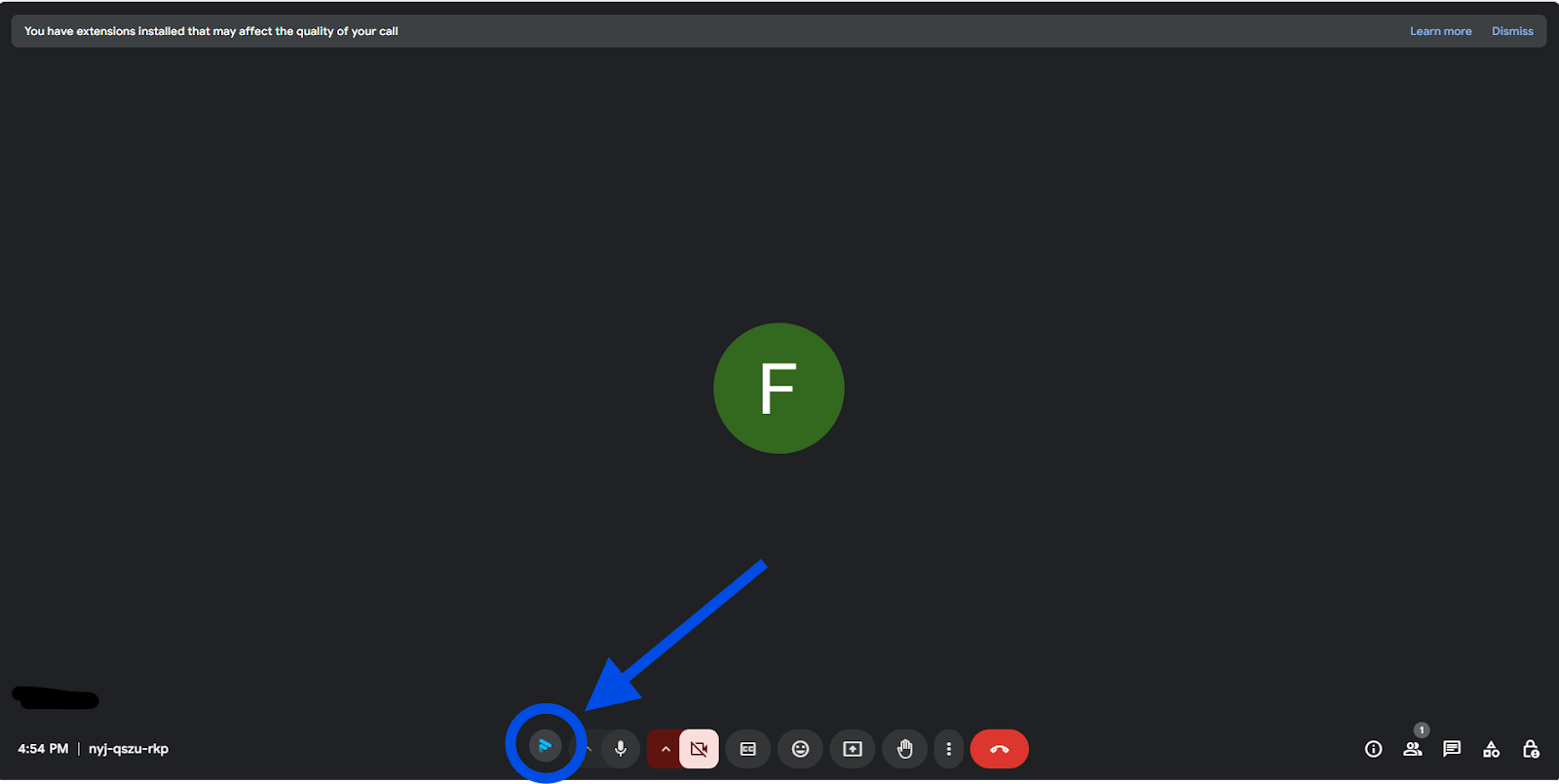 Google Meet interface with a blue arrow pointing to the Fathom logo.