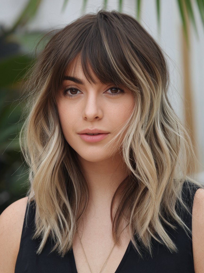 30. Blunt Highlighted Waves with Bangs