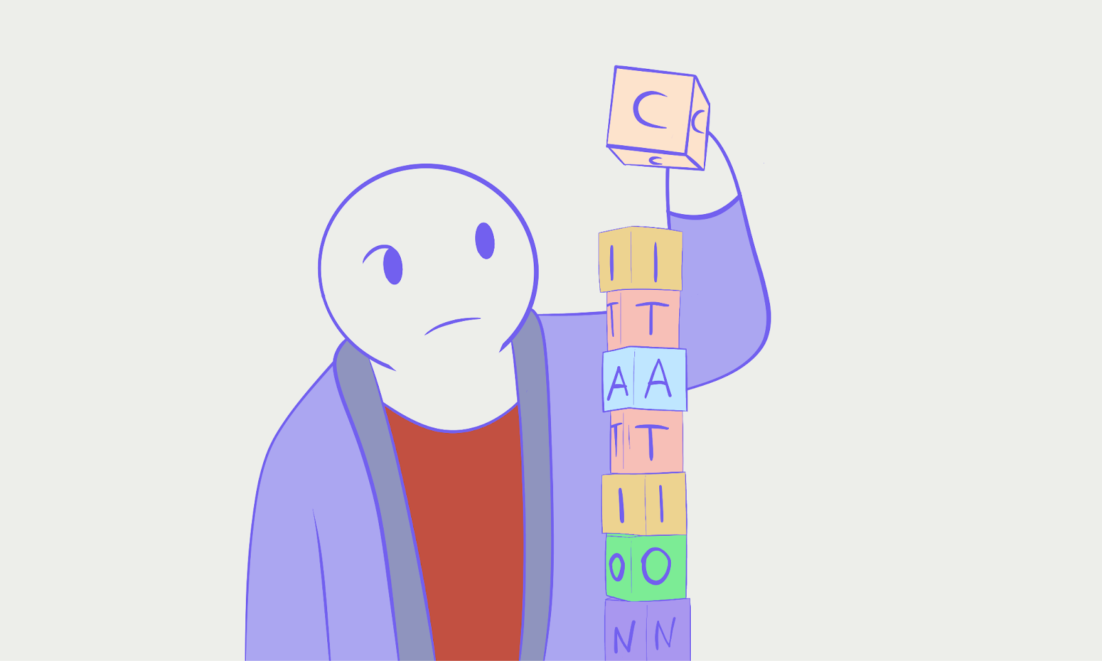 Alt; A cartoon character stacking letter cube