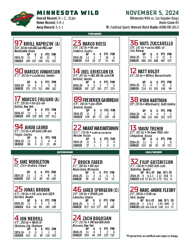 Minnesota Wild Lineup vs the Los Angeles Kings - November 5th, 2024