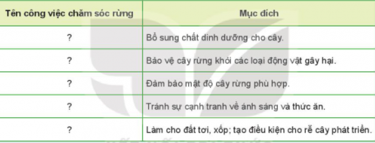 BÀI 8: TRỒNG, CHĂM SÓC VÀ BẢO VỆ RỪNGI. TRỒNG RỪNG1. Thời vụ trồng2. Các phương pháp trồng rừng phổ biếnCâu hỏi: Quan sát Hình 8.1 và xác định các bước theo quy trình trồng rừng bằng cây con có bầu phù hợp với từng nội dung theo mẫu bảng dưới đây:Đáp án chuẩn:Nội dungBướcRạch bỏ vỏ bầu2Tạo lỗ trong hố đất có chiều sâu lớn hơn chiều cao của bầu1Lắp và nén đất lần 14Đặt bầu vào lỗ trong hố3Lấp và nén đất lần 25Vun gốc6Câu hỏi: Sử dụng internet, sách, báo,... để tìm hiểu tác dụng của các bước trong quy trình trồng rừng bằng cây con có bầuĐáp án chuẩn:- Tạo hố: Đào hố sâu hơn bầu đất, rạch vỏ bầu.- Đặt bầu: Đặt bầu cây vào hố.- Lấp đất: Lấp đất trộn phân, nén nhẹ.- Vun gốc: Vun đất cao hơn miệng hố.II. CHĂM SÓC CÂY RỪNGCâu hỏi: Quan sát Hình 8.4 và nêu các công việc chăm sóc cây rừng phù hợp với từng ảnh trong hình.Đáp án chuẩn:- Hình 8.4a. tỉa, dặm cây - Hình 8.4b. phát quang và làm cỏ dại- Hình 8.4c. Bón phân cho cây- Hình 8.4d. Xới đất và vun gốc- Hình 8.4e. Làm hàng ràoCâu hỏi: 1. Sử dụng các cụm từ gợi ý sau đây để điền vào từng bước thích hợp trong Hình 8.2: đặt cây vào hố, đào hố trồng cây, nén đất, vun gốc, lấp đất kín gốc cây.2. Hãy sắp xếp các ảnh trong Hình 8.2 theo thứ tự các bước trong quy trình trồng rừng bằng cây con rễ trần.Đáp án chuẩn:1. Hình 8.2a: đào hố trồng cây.Hình 8.2b: nén đất.Hình 8.2c: đặt cây vào hốHình 8.2d: vun gốcHình 8.2e: lấp đất kín gốc cây.2. Hình a -> Hình c -> Hình b -> Hình e -> Hình d.Kết nối năng lực: Các loại cây thường được dùng để trồng rừng: cây sưa; cây gỗ lim, cây trầm hương, cây phi lao, cây vẹt đen, cây vẹt dù, cây cẩm lai..Câu hỏi: Sử dụng internet, sách, báo,.. để tìm hiểu về các loại cây thường được dùng để trồng rừng.Đáp án chuẩn:Sử dụng internet, sách, báo,.. để tìm hiểu về các loại cây thường được dùng để trồng rừng.III. BẢO VỆ RỪNG VÀ MÔI TRƯỜNG SINH THÁICâu hỏi: Chỉ ra những việc nên và không nên làm để bảo vệ rừng và môi trường sinh thái theo mẫu bảng dưới đây:Đáp án chuẩn:- Các việc nên làm: 1,4,5,6,8,9,10- Các việc không nên làm: 2,3,7Câu hỏi: Hãy đề xuất những việc nên và không nên làm để bảo vệ rừng hoặc cây xanh ở nhà trường và địa phương em.Đáp án chuẩn:- Tuyên truyền: Nâng cao ý thức về bảo vệ rừng.- Hành động: Trồng cây, tham gia các hoạt động bảo vệ môi trường.- Bảo vệ: Không phá rừng, không xả rác, không bẻ cây.- Báo cáo: Thông báo khi phát hiện hành vi phá rừng.LUYỆN TẬPCâu hỏi: Giải thích ý nghĩa của bước 2 (rạch bỏ vỏ bầu) trong quy trình trồng rừng bằng cây con có bầu.Đáp án chuẩn:Vì khi rạch vỏ bầu, bầu đất có đủ phân bón và đất tơi xốp, cây có tỉ lệ sống cao và phát triển tốt.Câu hỏi: Hãy so sánh ưu, nhược điểm của trồng rừng bằng cây con có bầu và trồng rừng bằng cây con rễ trần.Đáp án chuẩn:- Cây con có bầu: Ưu điểm là cây khỏe mạnh, tỉ lệ sống cao nhưng cần nhiều diện tích.- Cây con rễ trần: Ưu điểm là tiết kiệm chi phí nhưng chỉ phù hợp với một số loại cây.Câu hỏi: Hoàn thành vào vở tên công việc chăm sóc rừng theo mẫu bảng dưới đây:Đáp án chuẩn:Tên công việc chăm sóc rừngMục đíchBón phân cho câyBổ sung chất dinh dưỡng cho câyLàm hàng rào bảo vệ câyBảo vệ cây rừng khỏi các loại động vật gây hạiTỉa, dặm câyĐảm bảo mật độ cây rừng phù hợpPhát quang, làm cỏ dạiTránh sự cạnh tranh về ánh sáng và thức ănXới đất và vun gốcLàm cho đất tơi, xốp; tạo điều kiện cho rễ cây phát triểnVẬN DỤNG