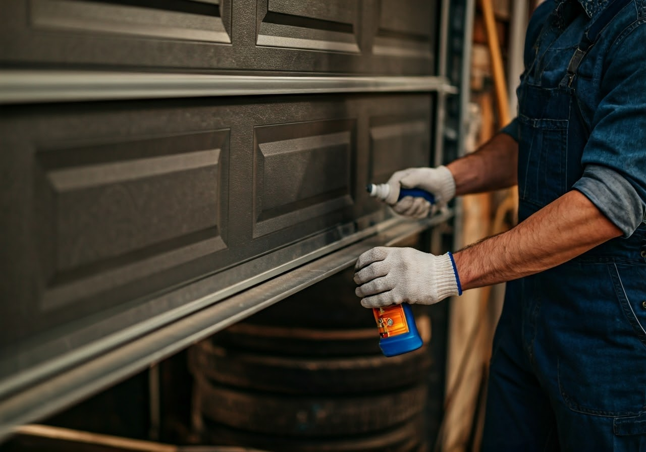 Homeowner maintaining garage door