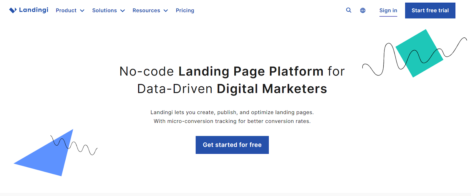 Image of Landingi’s home page calling it a no-code landing page platform for data-driven marketers