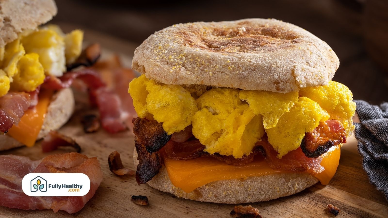 English muffin sandwich with eggs bacon and cheddar on wooden board