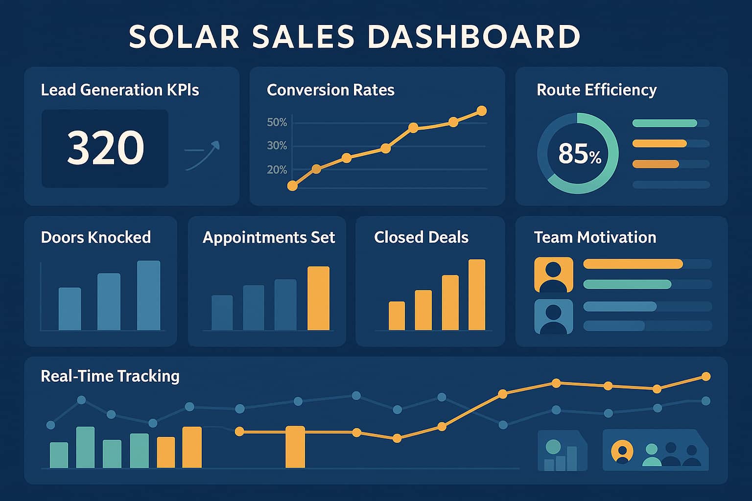 Solar sales team performance dashboard showing lead generation metrics, conversion rates, and real-time tracking for door-to-door teams.