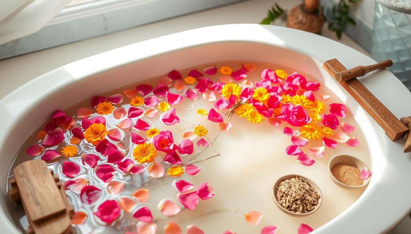 Ayurvedic bath ritual with flower petals and herbs