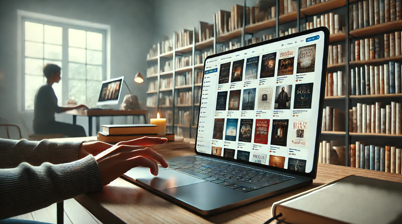 A person browsing an online book marketplace on a laptop in a cozy library setting. Their hands rest on the keyboard as they scroll through a selection of book covers displayed on the screen. The desk holds stacked books and a lit candle, adding warmth to the ambiance. In the background, another individual is working on a laptop near a large window, with bookshelves filled with books lining the walls.