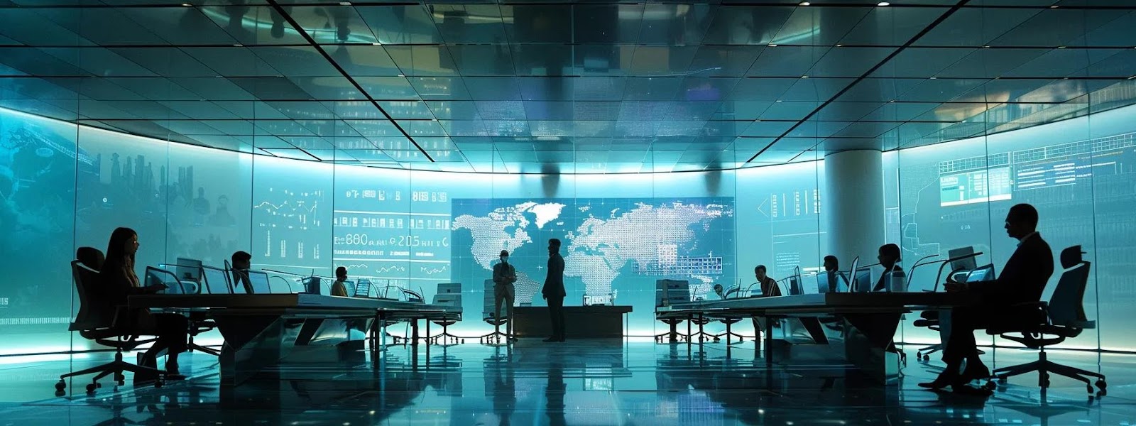 a sleek, modern office space features a large digital display showcasing real-time keyword analytics, with team members engaged in strategic discussions around a high-tech conference table.