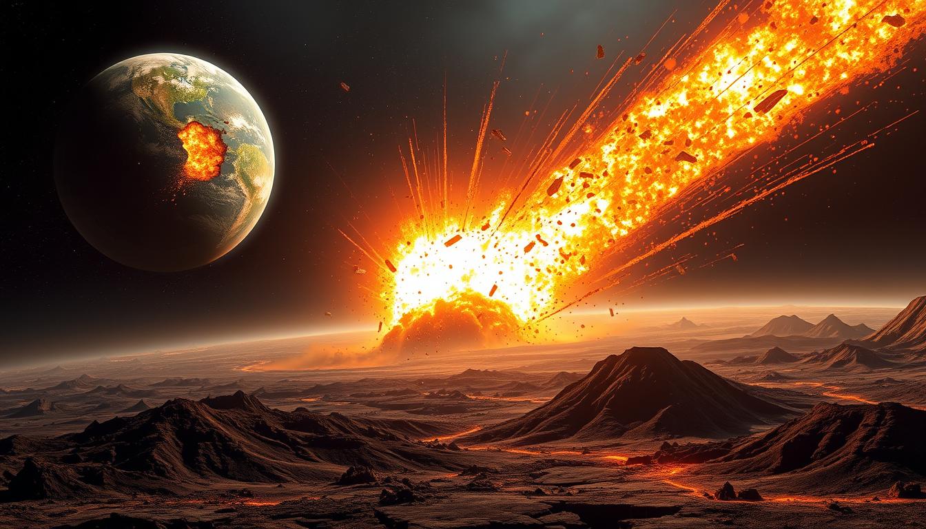 Artistic rendering of a meteor impact on early Earth, showing the dramatic moment of collision with ejecta and shock waves