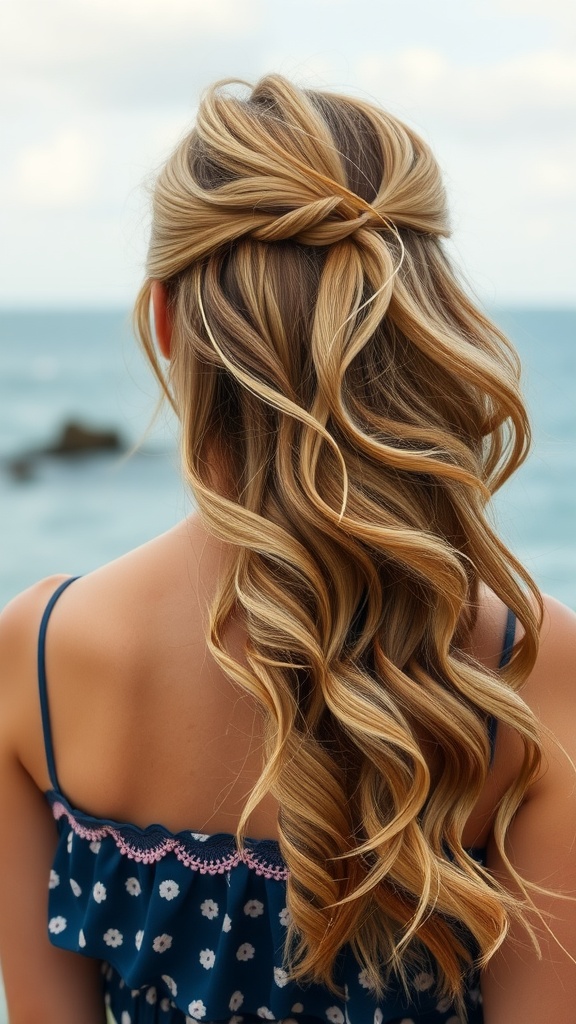 A woman with long wavy hair styled in a half-up half-down look, showcasing soft curls and a twist at the back, with a beach backdrop.