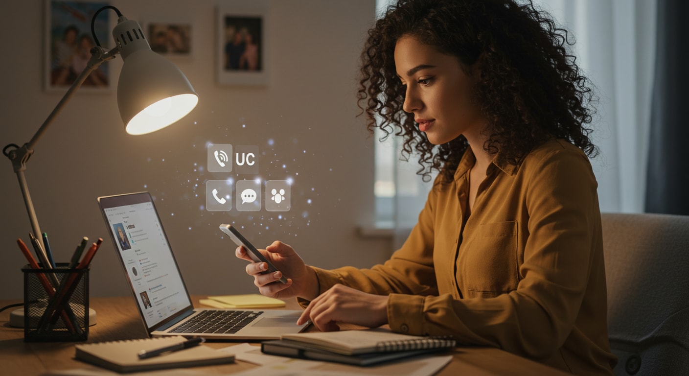 Cloud-based UC platform enabling a remote worker using unified communication tools.