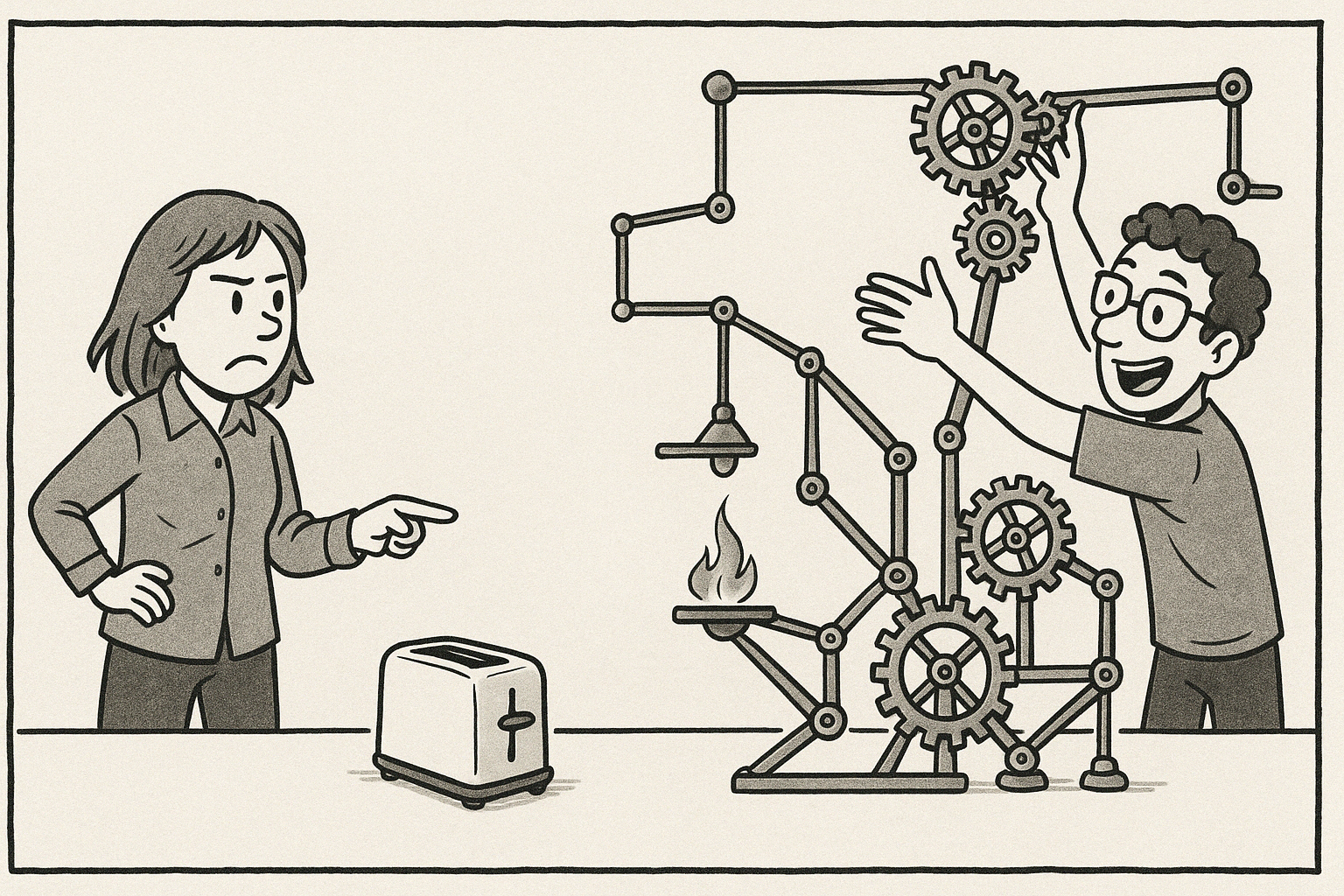A woman points sternly at a simple toaster while a smiling man enthusiastically adds gears to a sprawling Rube Goldberg machine. They stand across a table, with no dialogue visible. The setting is minimal, emphasizing the contrast between the machine’s complexity and the toaster’s simplicity.