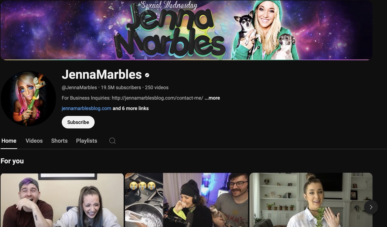 A screenshot of Jenna Marbles homepage