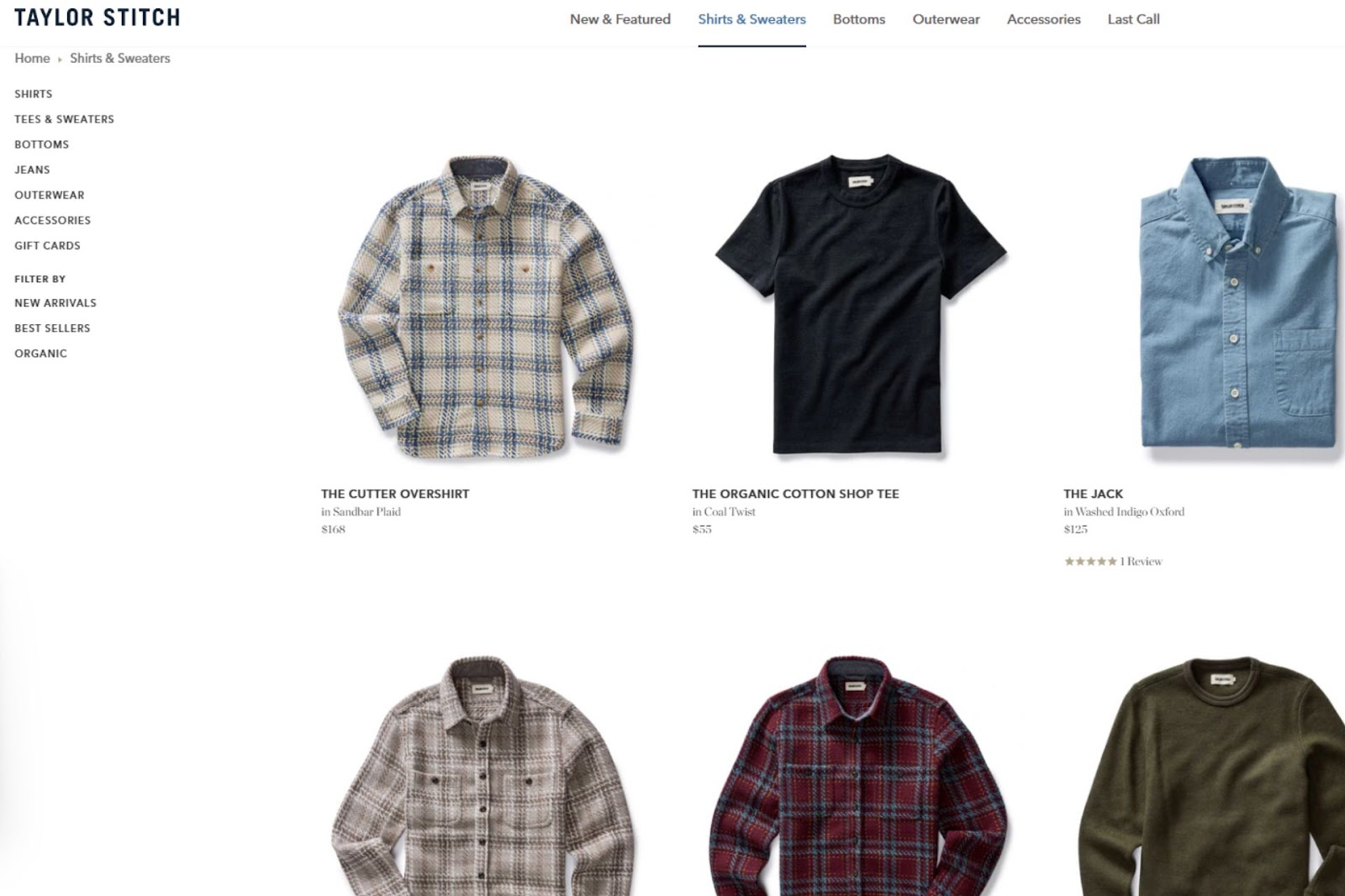 Taylor Stitch's website showcasing its men's shirts collection and highlights the product filtering system on the left side.