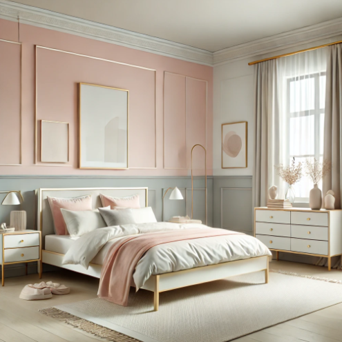 Elegant bedroom with pastel pink and grey, creating a chic, dreamy space.
