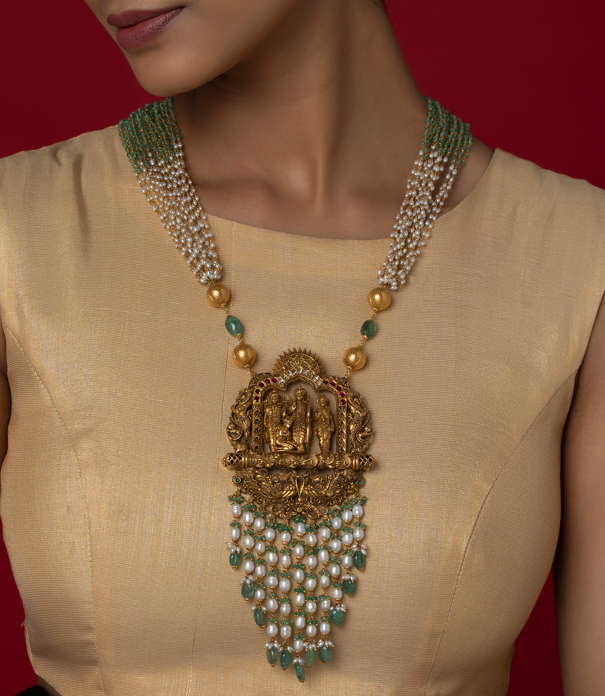 Lord Rama Parivar Gold Haara with Pearls and Emeralds | CKC Jewellers