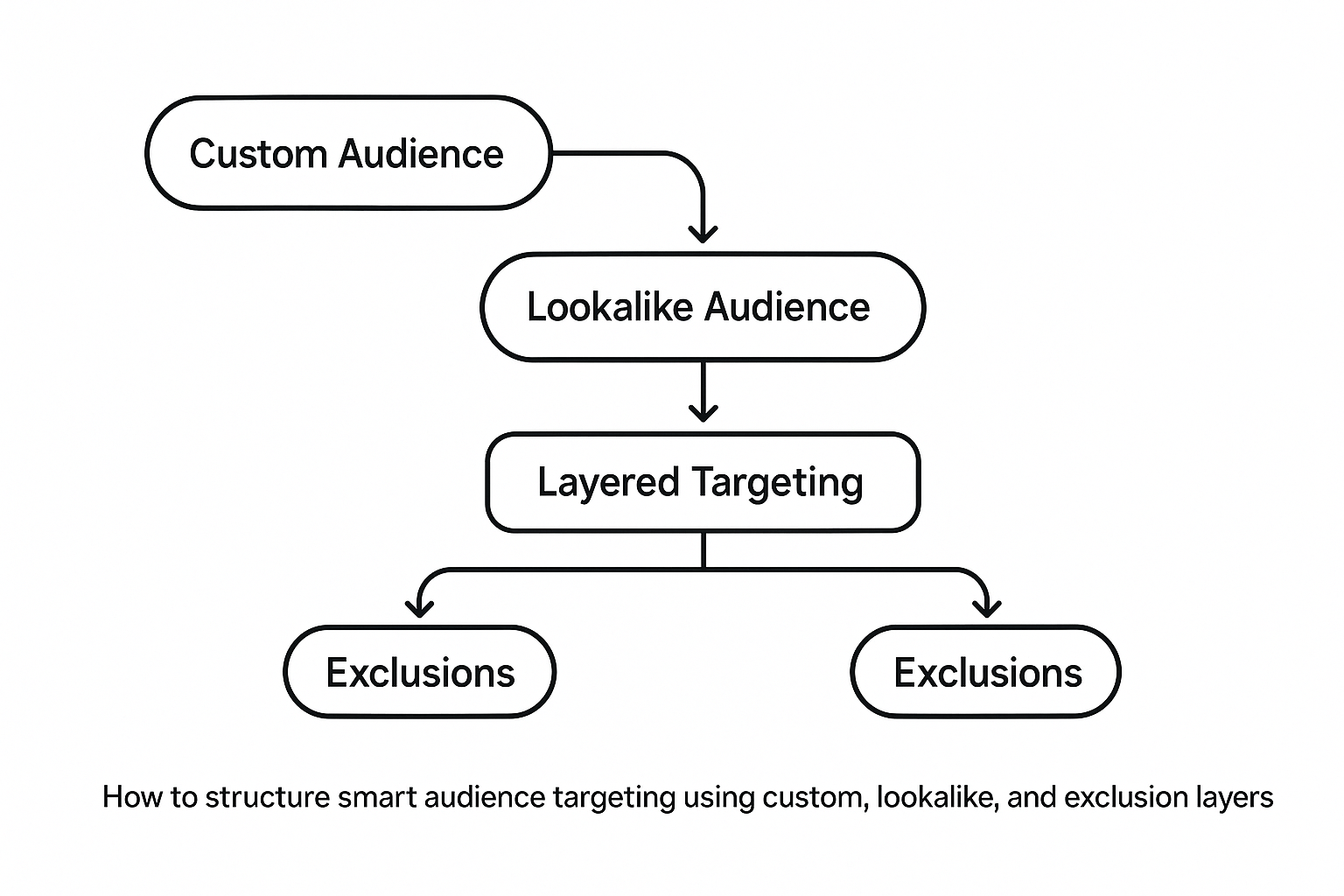  Flowchart illustrating Facebook audience targeting strategy, showing a progression from Custom Audience to Lookalike Audience, then Layered Targeting, ending with Exclusions.