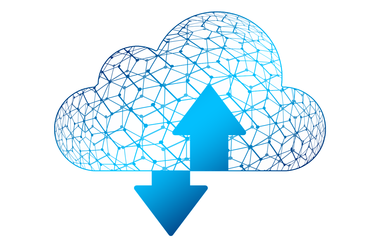 A digital illustration of a cloud with network circuitry and an upward and downward arrow.
