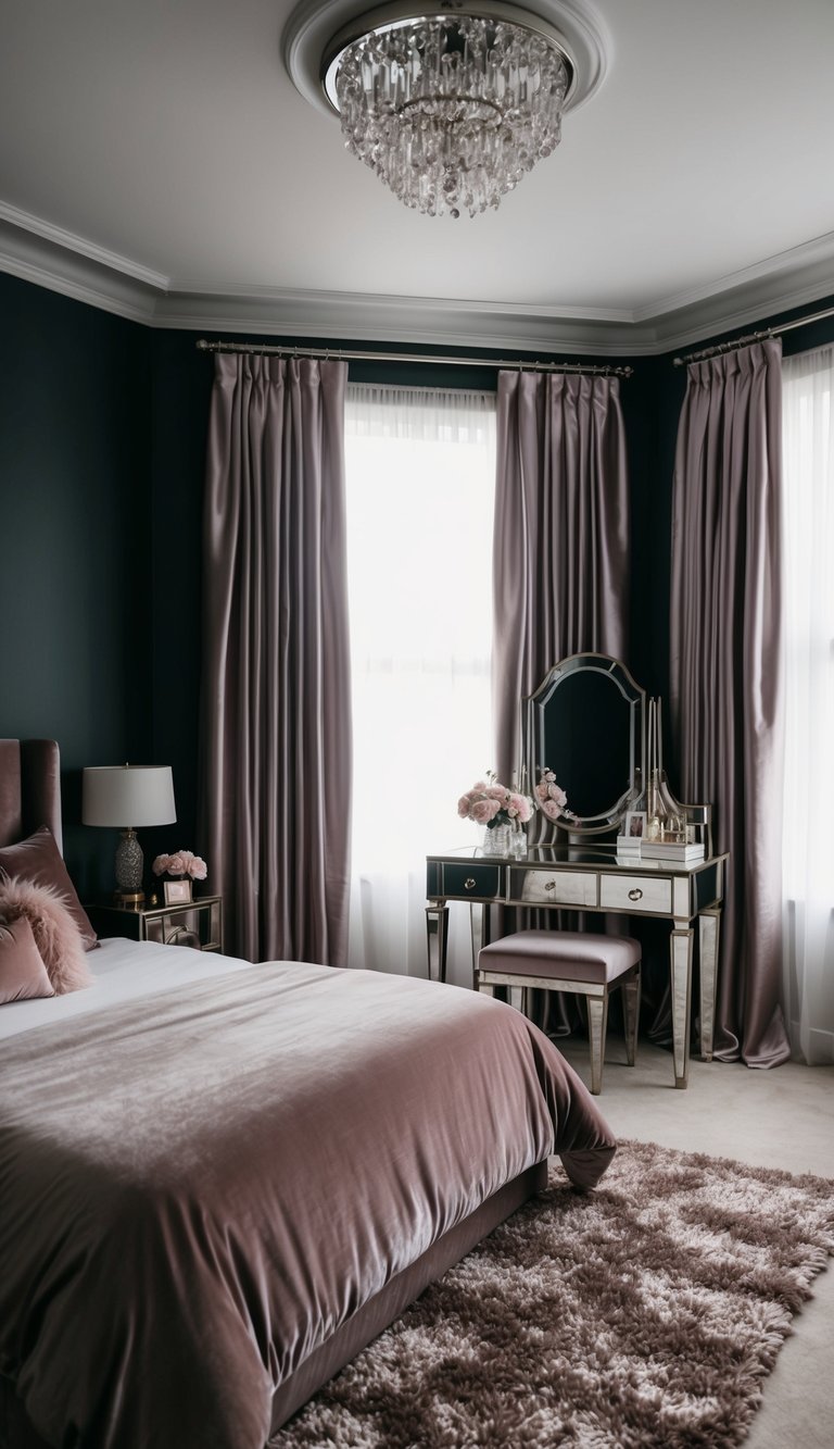 A plush velvet bedspread, satin curtains, and a shag rug adorn a dark, feminine bedroom with metallic accents and a mirrored vanity