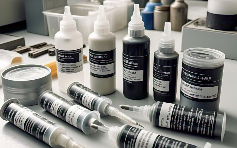 11 bottles of thermally conductive adhesive on the tool bench