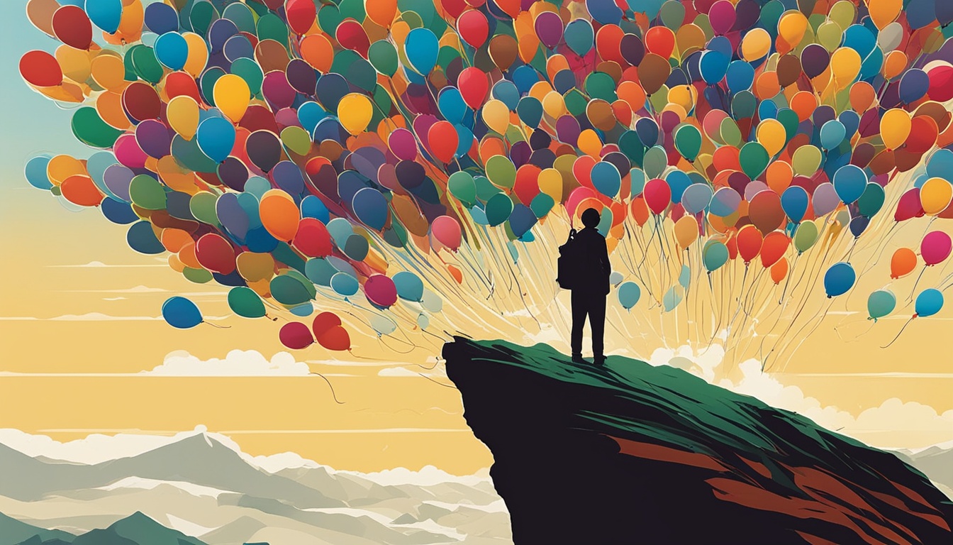 A person standing at the edge of a cliff, confidently looking out at a vast landscape of opportunities. They hold a bundle of colorful balloons in one hand, and in the other hand they hold a pen and notepad, ready to take action. The wind blows through their hair, symbolizing the energy and excitement of taking inspired action. The sun shines bright in the sky, representing abundance and prosperity that await them on their journey.