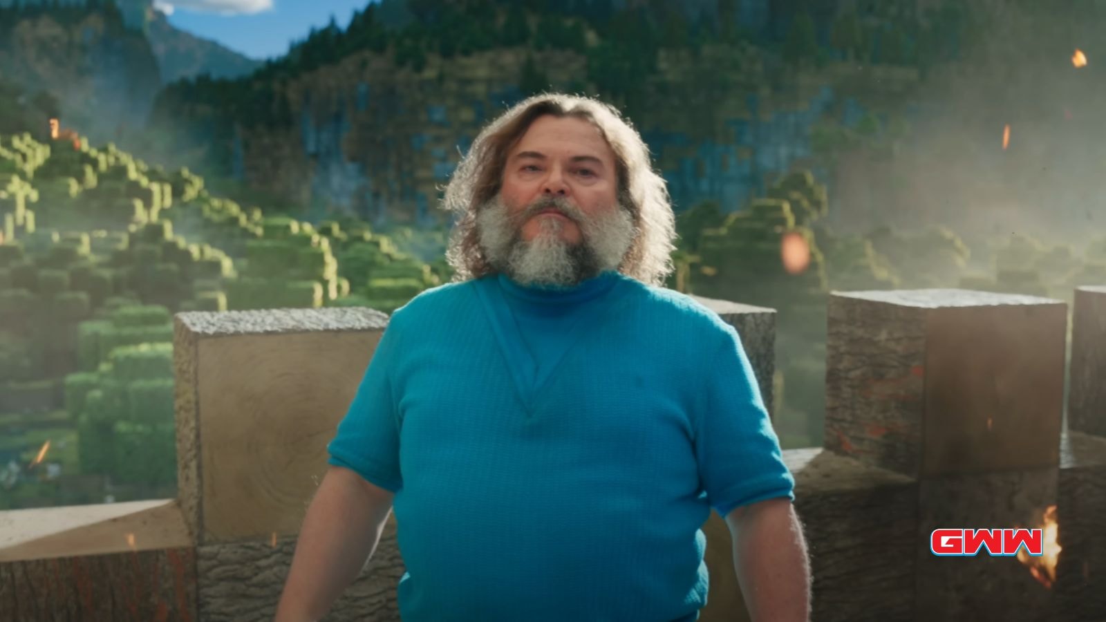 Steve with a beard and blue shirt in the blocky Minecraft landscape.