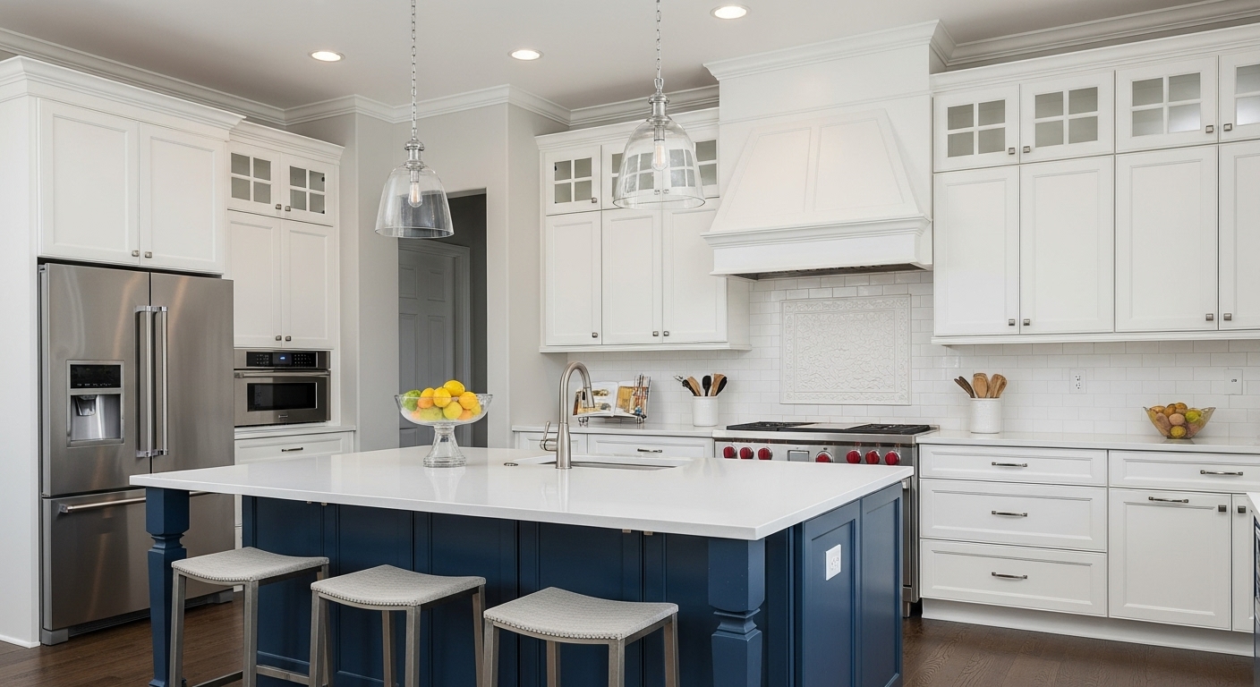 White and Navy Island of Kitchen cabinet