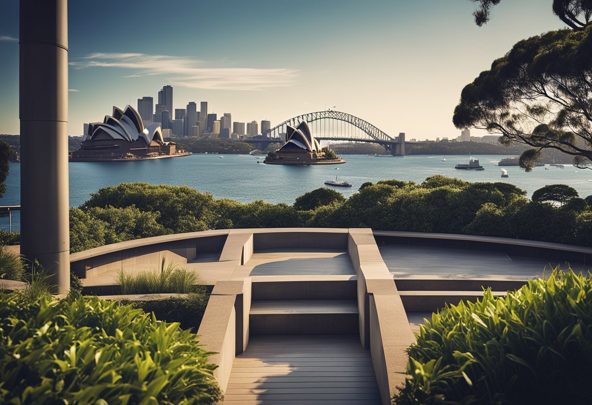 The iconic Sydney Opera House and Harbour Bridge overlook the bustling waterfront, surrounded by modern skyscrapers and lush greenery