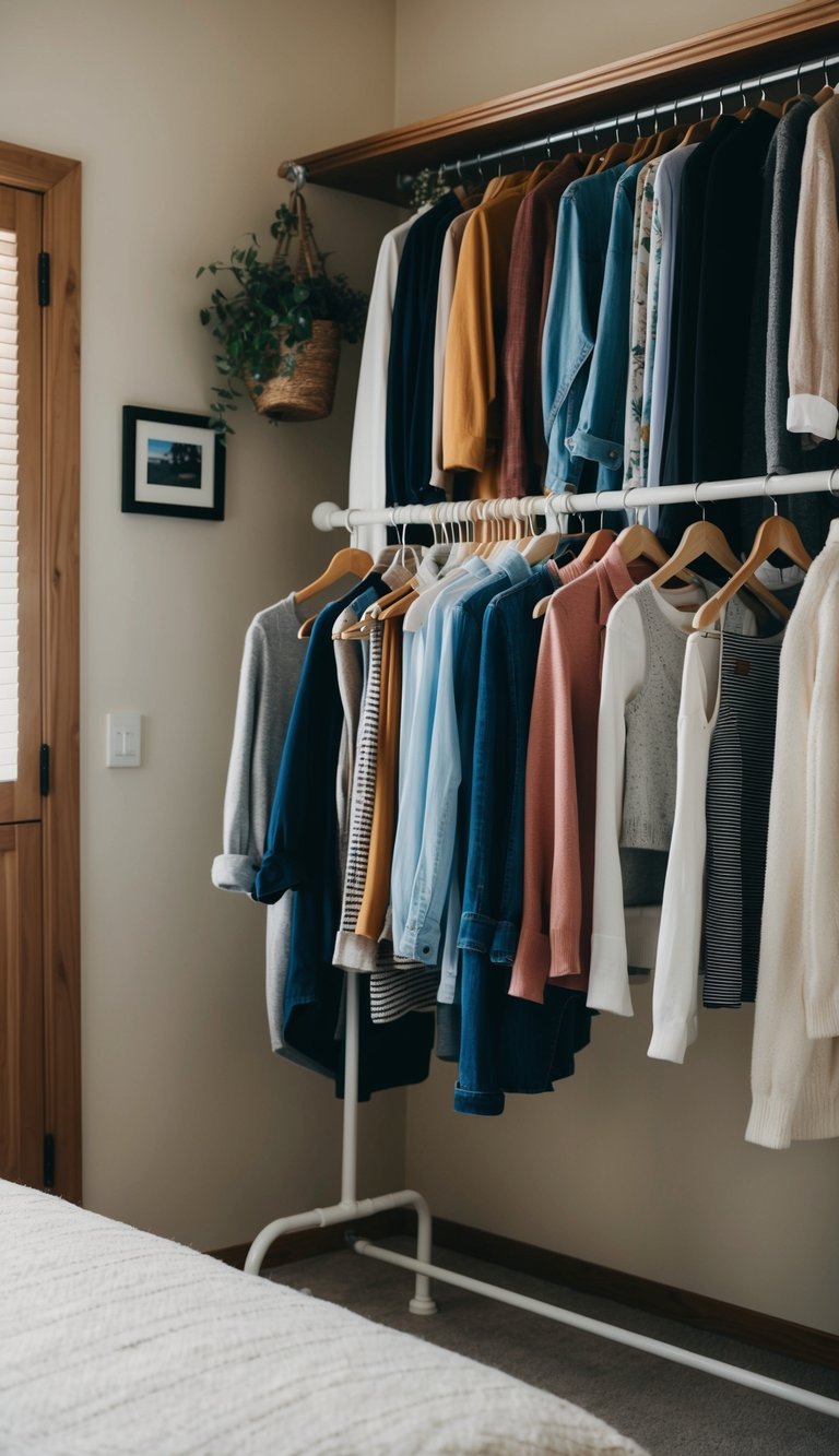 A freestanding garment rack in a cozy guest bedroom, adorned with a variety of clothing items neatly hung and organized