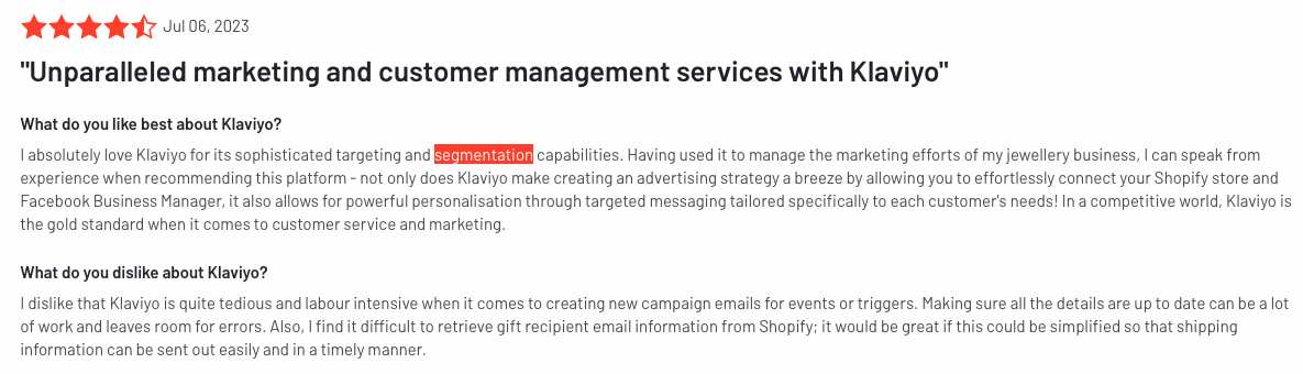 Positive review of Klaviyo