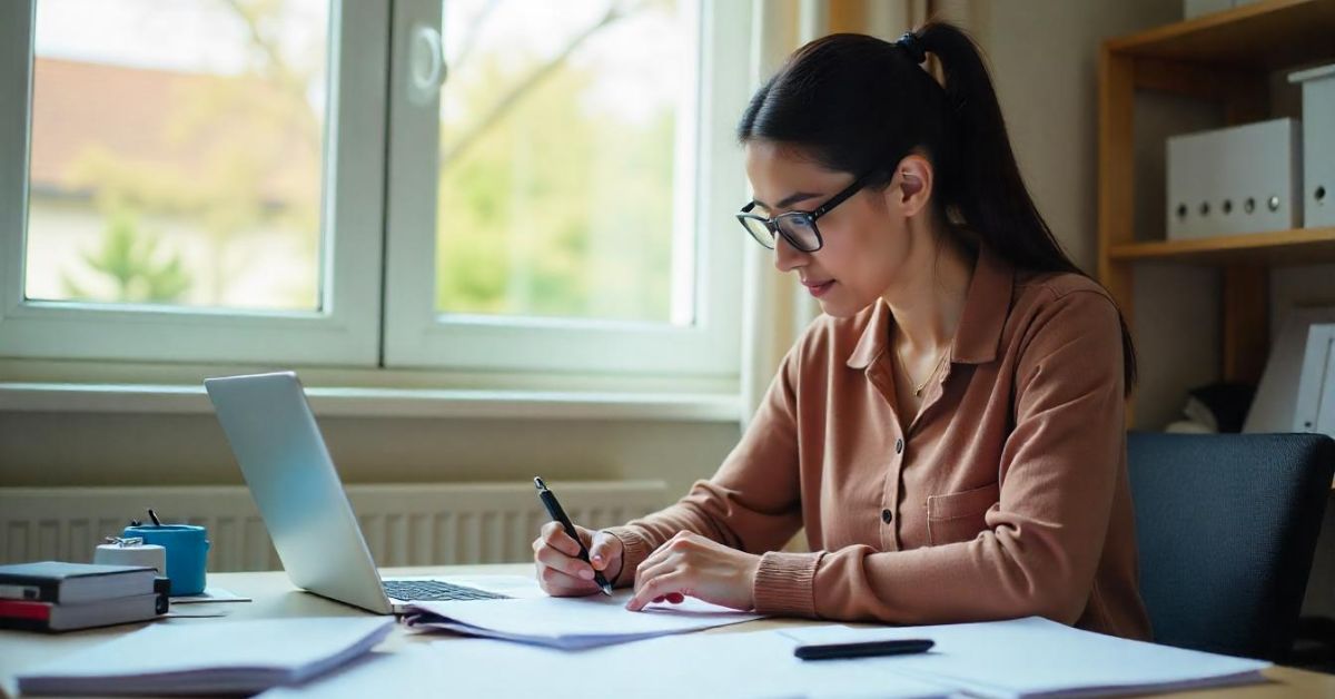 a woman sitting at a desk writing on paper