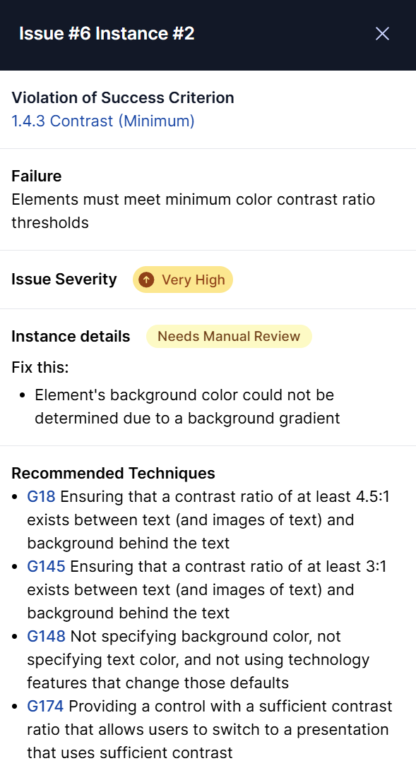 The screenshot displays a WCAG reported issue.