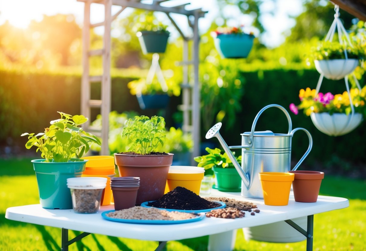 A sunny outdoor garden with a table holding a variety of seeds, pots, soil, and watering can. A trellis and hanging baskets are nearby, ready to be filled and nurtured