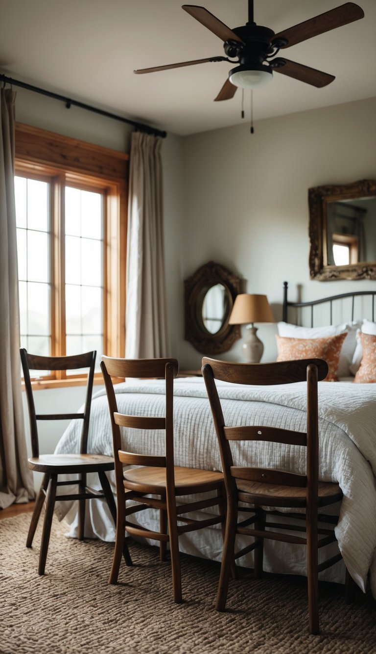 A cozy bedroom with mismatched wooden chairs, creating a rustic and vintage farmhouse vibe