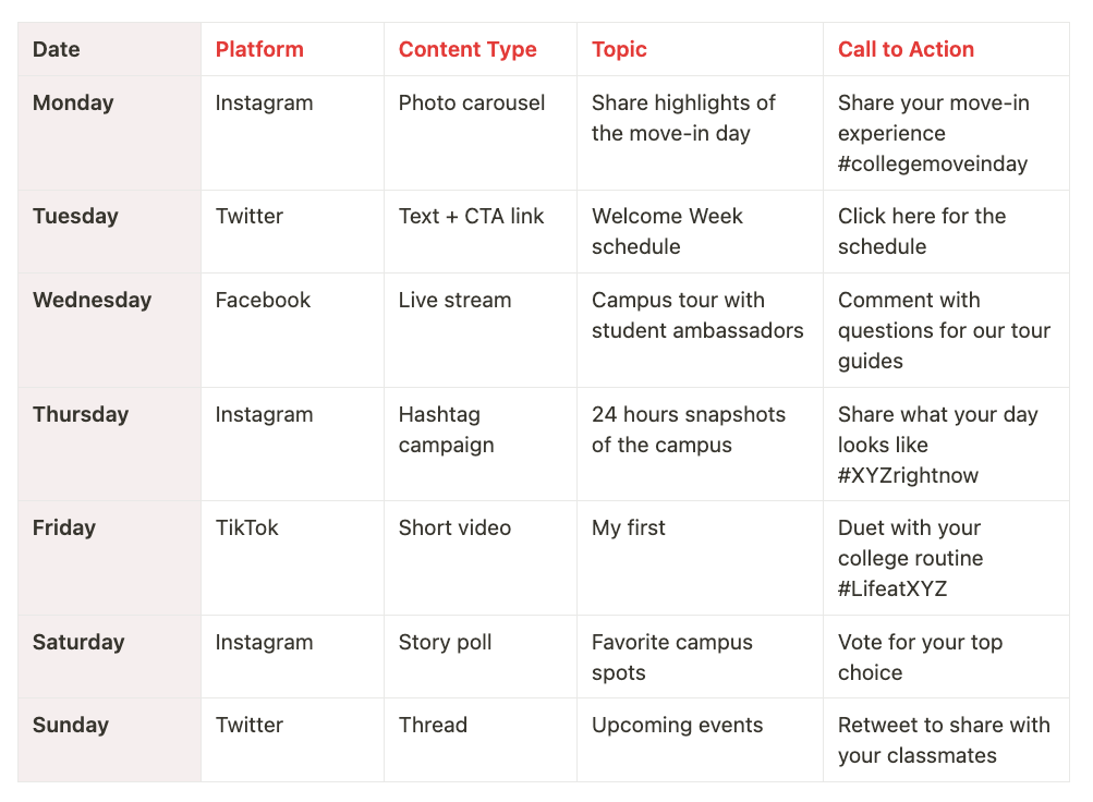 Example of social media calendar for higher education