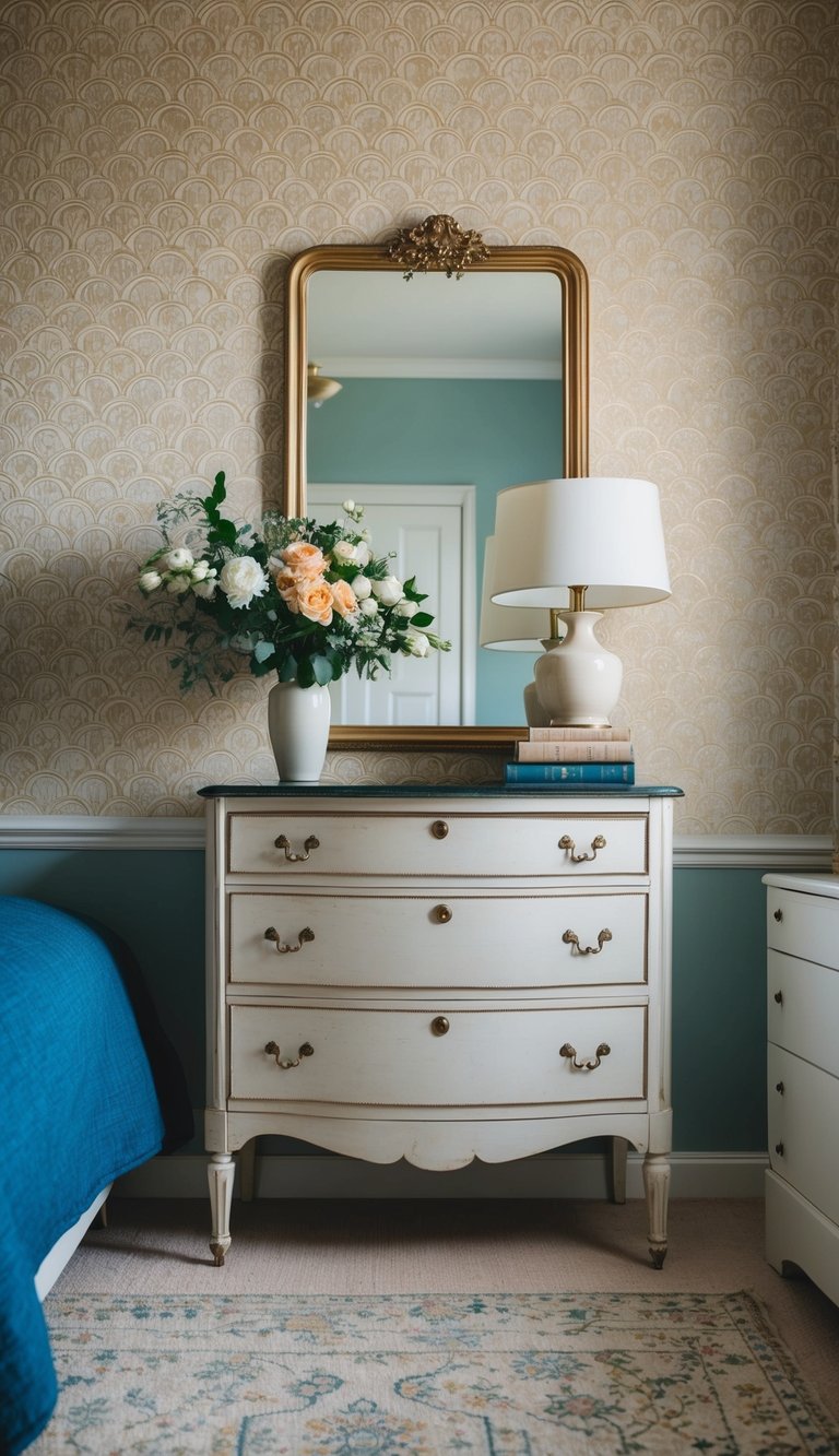 A vintage dresser sits against a patterned wallpaper in a cozy guest bedroom, adorned with a vase of fresh flowers and a stack of books