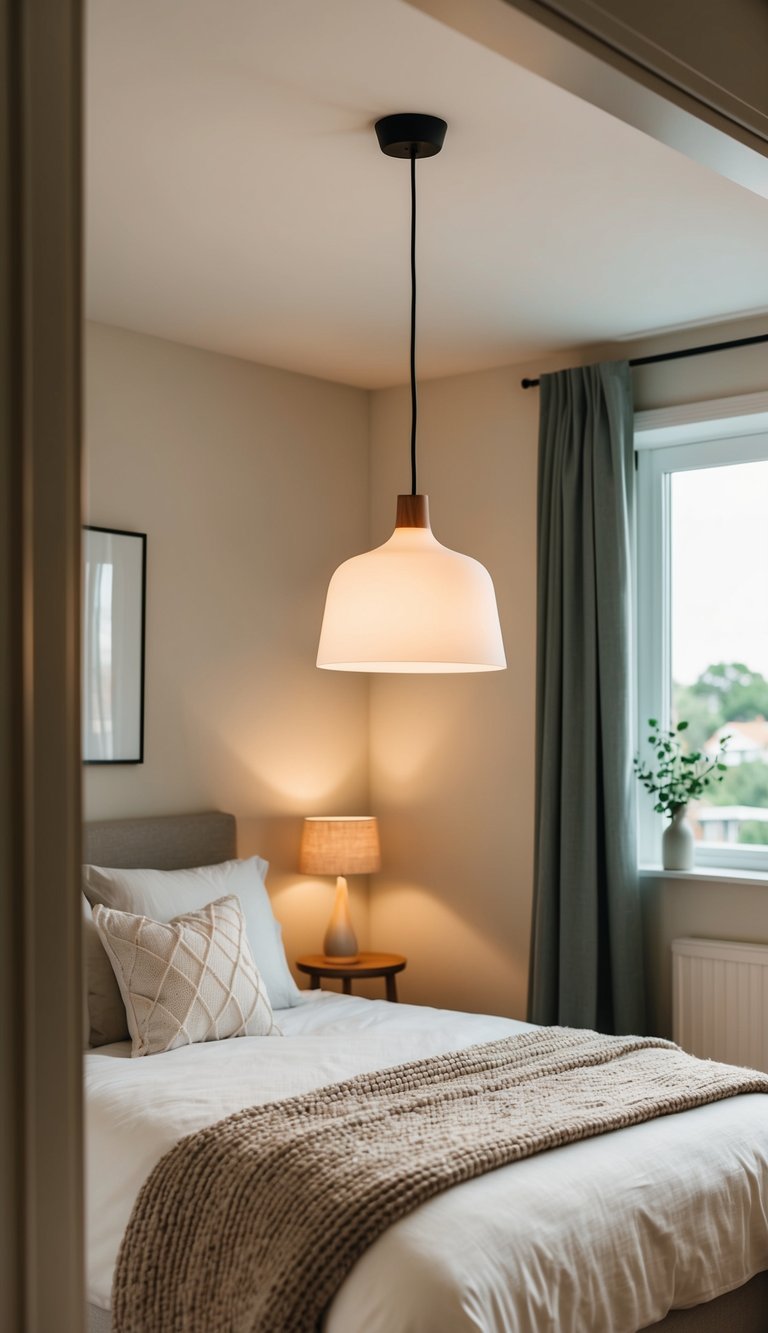 A cozy guest bedroom with a minimalist Scandinavian pendant light casting a warm glow over the room's serene and inviting decor