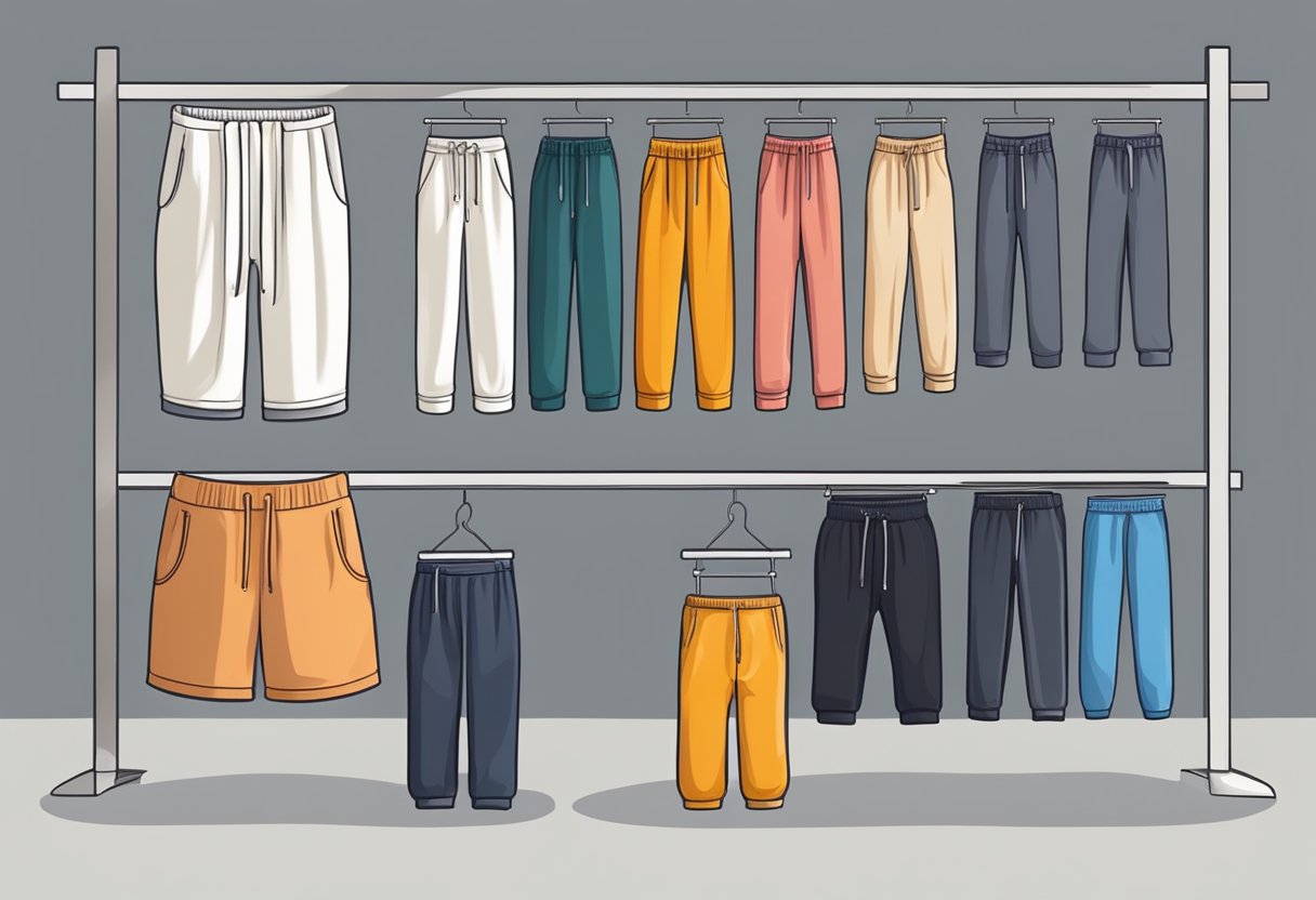 Sweatpants made of cotton, polyester, or fleece. Fabric swatches in various colors and textures displayed on a table or hanging on a rack