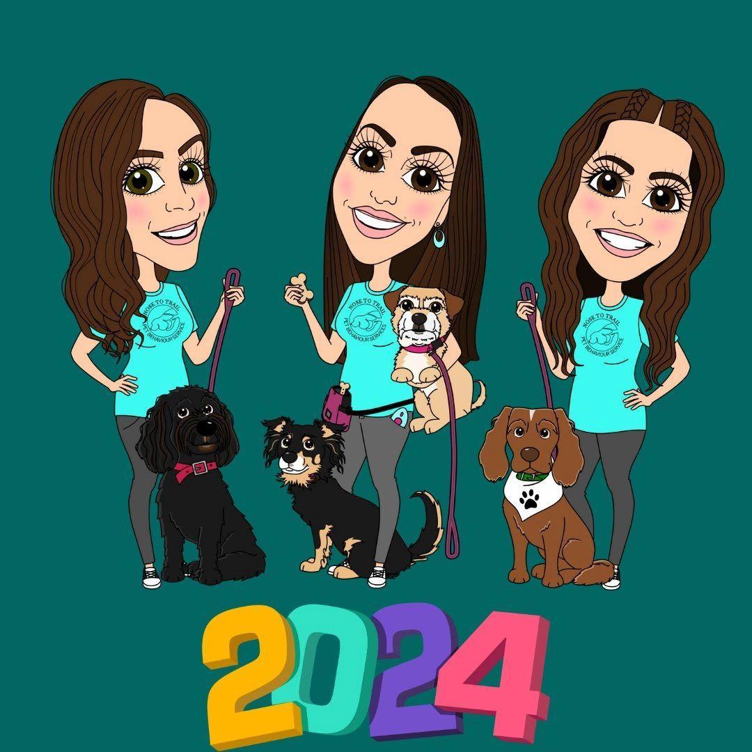 cartoon versions of Mell, Rachel and Hannah 3 dog trainers with their dogs