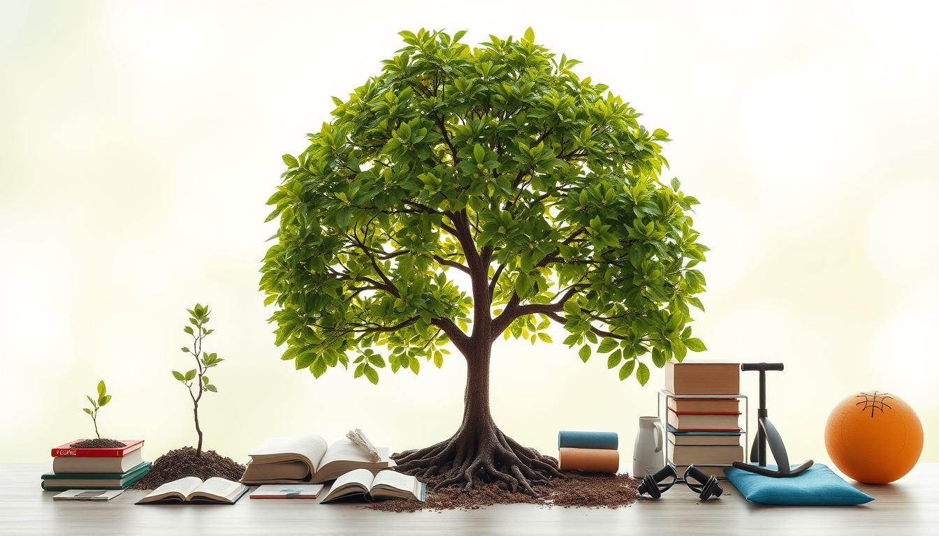 A tree growing in stages, starting from a small sapling and ending in a fully grown tree with lush leaves. The tree should be surrounded by elements that represent personal growth such as books, meditation cushions, and fitness equipment. The background should be bright and airy, with a feeling of openness and possibility.