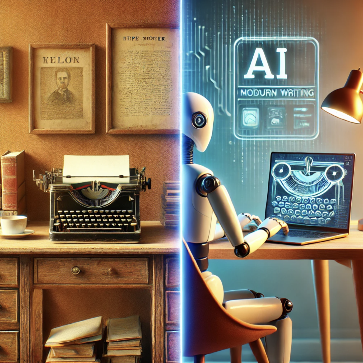 Split-screen image showing two desks. The left side features an old-fashioned desk with a typewriter and papers, symbolizing traditional writing methods. The right side depicts a modern desk with a laptop displaying an AI tool like ChatGPT, representing the integration of artificial intelligence into modern writing.