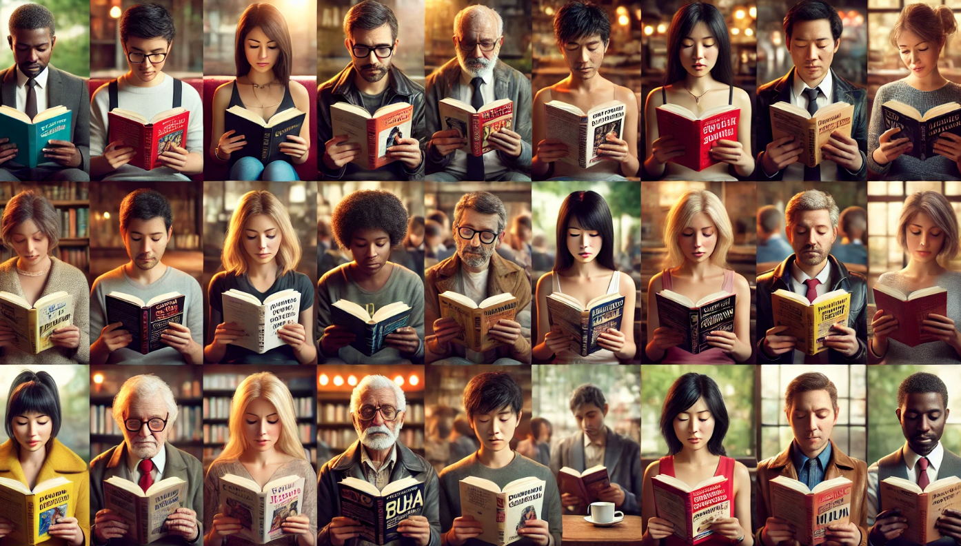 A diverse group of people of different ages and backgrounds reading books in various languages, set in a cozy library or café.