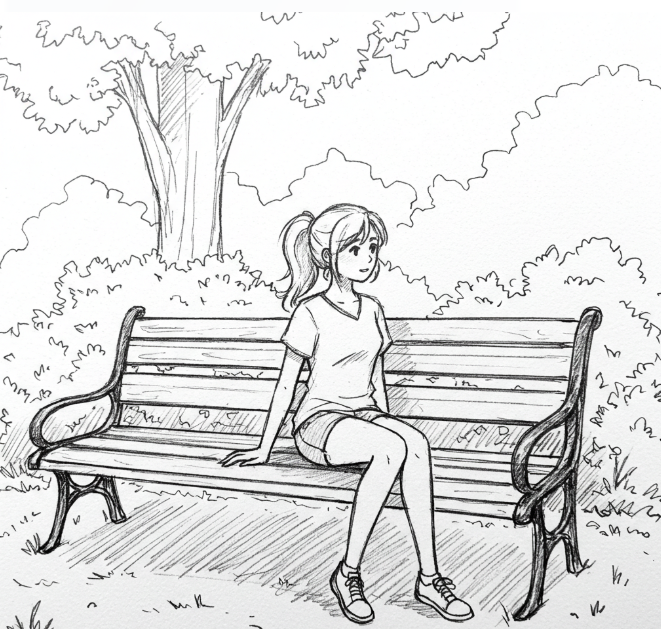 A line art sketch of the girl on the bench, using the cross-hatching technique
