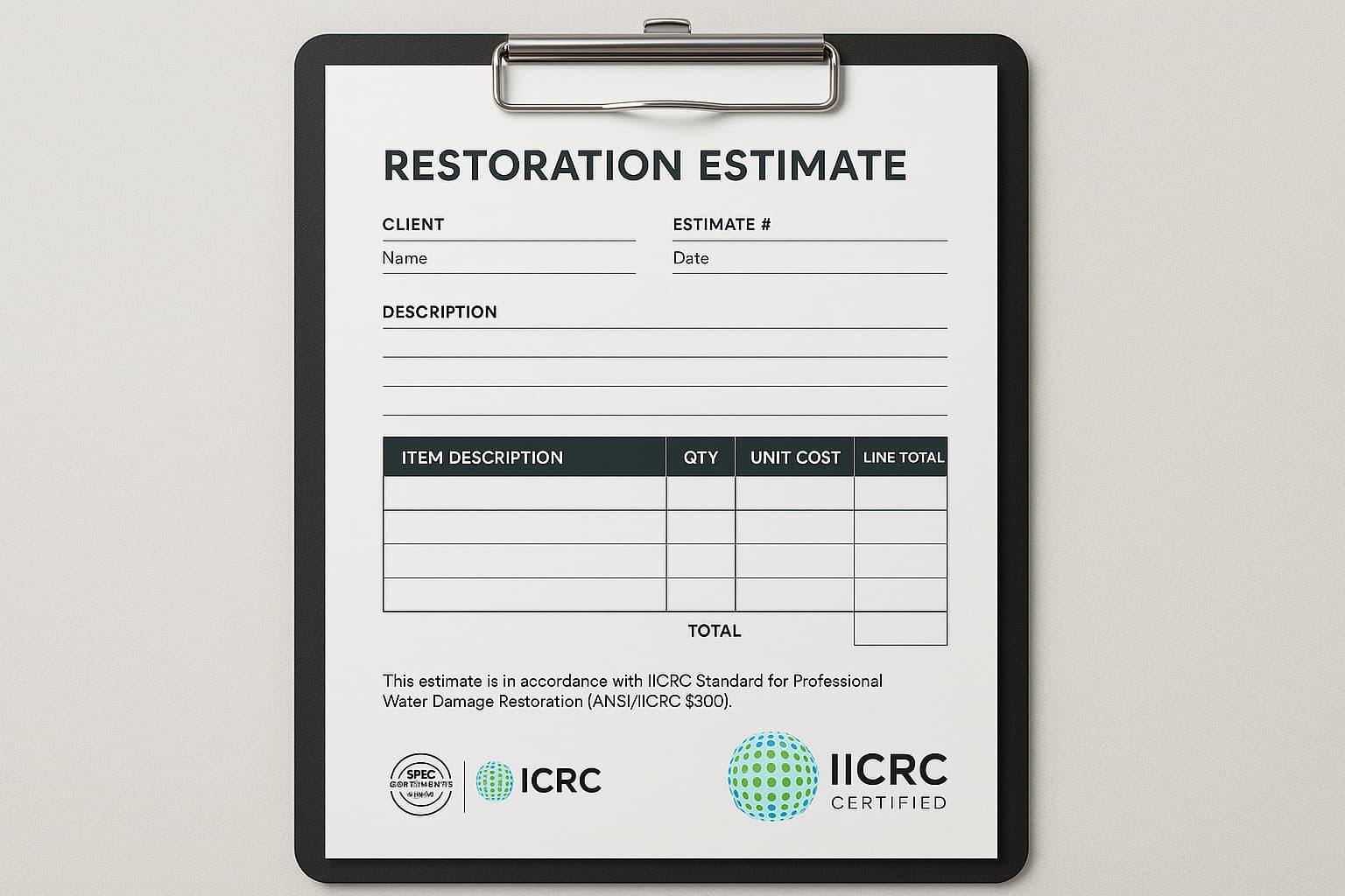IICRC S500 compliant water damage restoration documentation showing industry standard procedures and professional certification.