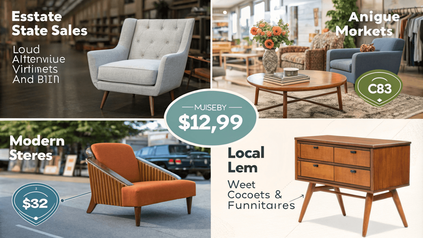 Collage of successful vintage-modern furniture combinations with price points