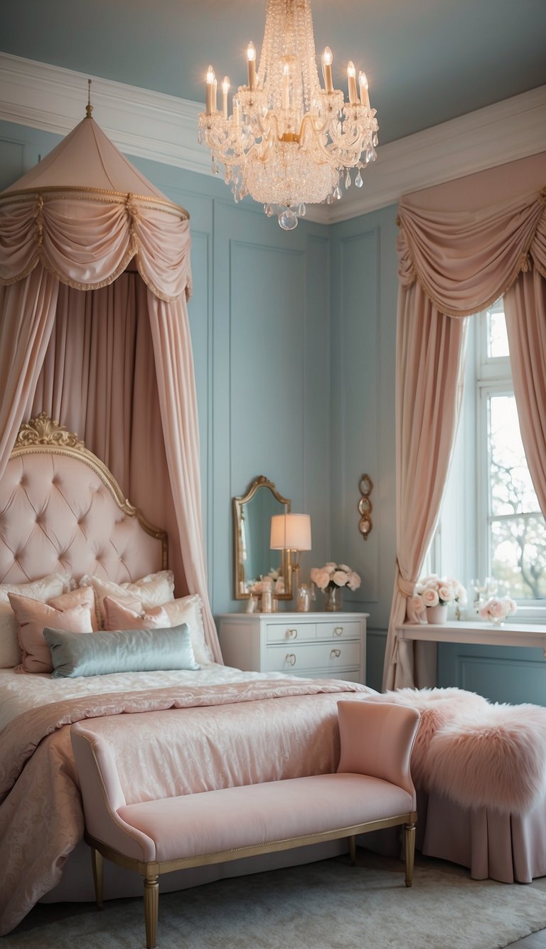 A grand princess bedroom with a canopy bed, sparkling chandelier, and elegant vanity. Soft pastel colors and delicate details create a dreamy atmosphere