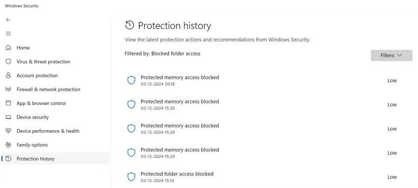 Windows Security Block History Options